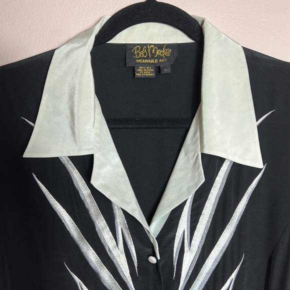 VINTAGE BOB MACKIE SILK WEARABLE ART BLOUSE sage green size M - Picture 4 of 11